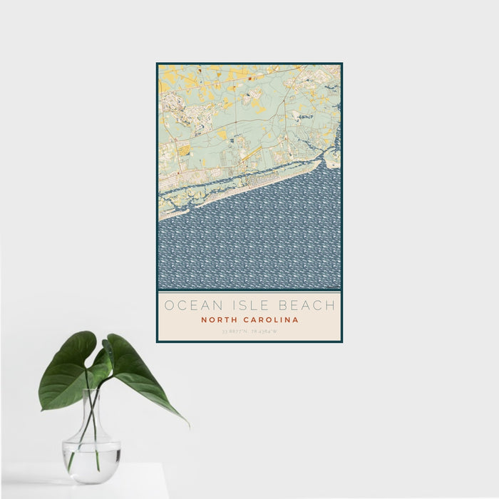 16x24 Ocean Isle Beach North Carolina Map Print Portrait Orientation in Woodblock Style With Tropical Plant Leaves in Water