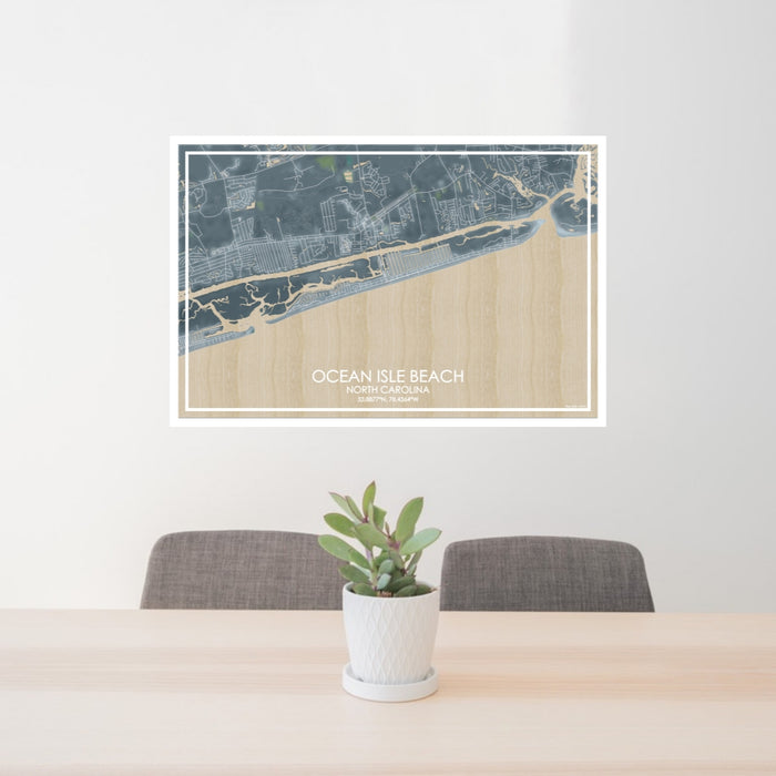 24x36 Ocean Isle Beach North Carolina Map Print Lanscape Orientation in Afternoon Style Behind 2 Chairs Table and Potted Plant