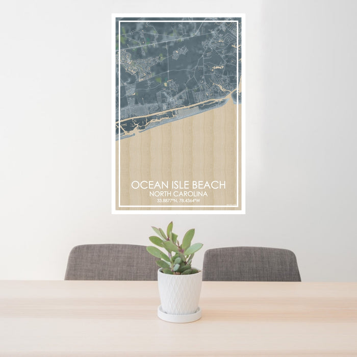 24x36 Ocean Isle Beach North Carolina Map Print Portrait Orientation in Afternoon Style Behind 2 Chairs Table and Potted Plant