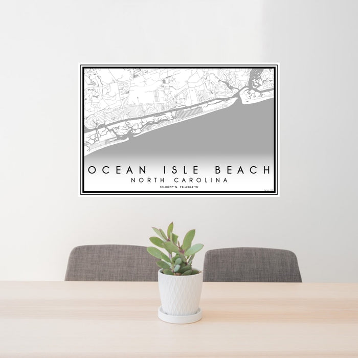 24x36 Ocean Isle Beach North Carolina Map Print Lanscape Orientation in Classic Style Behind 2 Chairs Table and Potted Plant