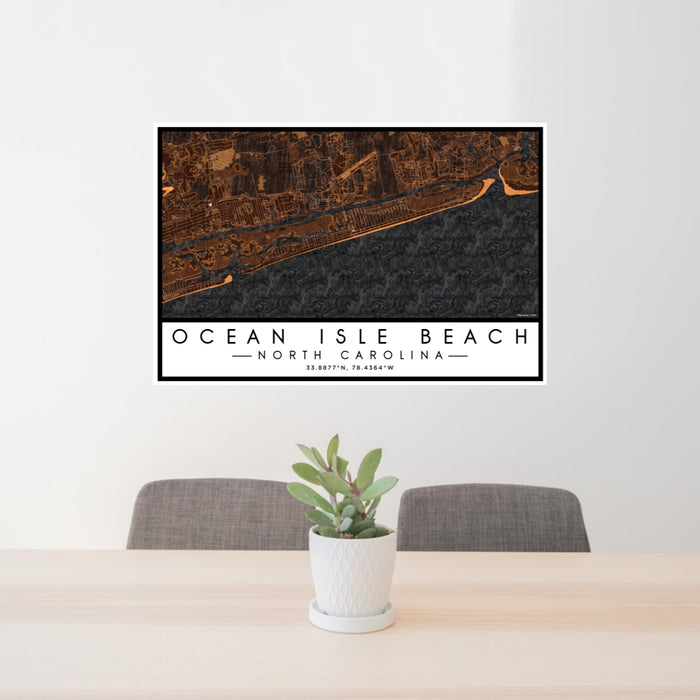 24x36 Ocean Isle Beach North Carolina Map Print Lanscape Orientation in Ember Style Behind 2 Chairs Table and Potted Plant