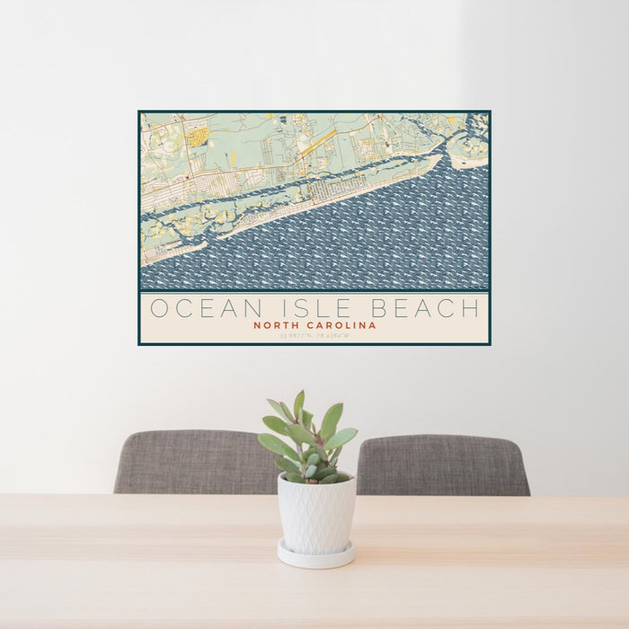 24x36 Ocean Isle Beach North Carolina Map Print Lanscape Orientation in Woodblock Style Behind 2 Chairs Table and Potted Plant