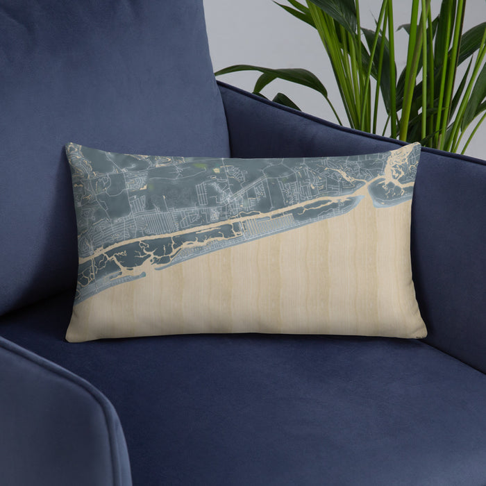Custom Ocean Isle Beach North Carolina Map Throw Pillow in Afternoon on Blue Colored Chair