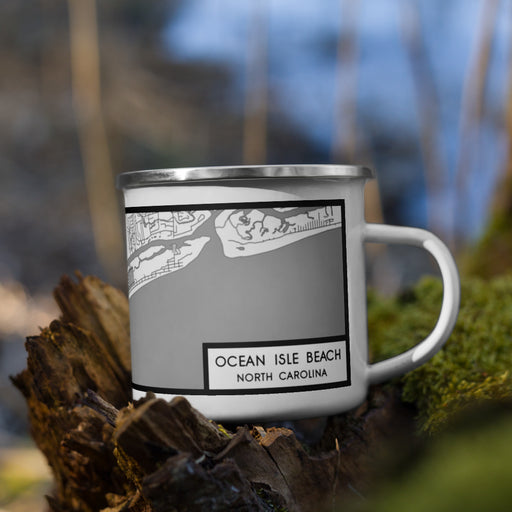 Right View Custom Ocean Isle Beach North Carolina Map Enamel Mug in Classic on Grass With Trees in Background