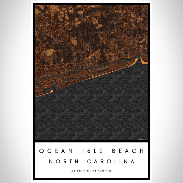 Ocean Isle Beach North Carolina Map Print Portrait Orientation in Ember Style With Shaded Background