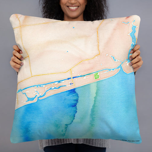 Person holding 22x22 Custom Ocean Isle Beach North Carolina Map Throw Pillow in Watercolor