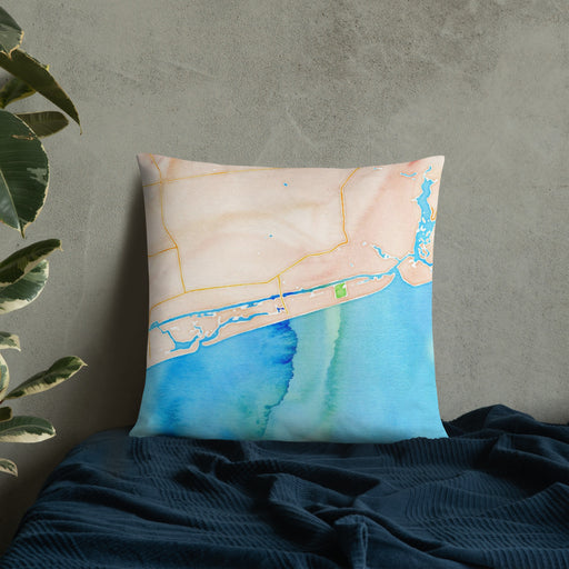 Custom Ocean Isle Beach North Carolina Map Throw Pillow in Watercolor on Bedding Against Wall