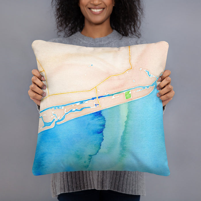Person holding 18x18 Custom Ocean Isle Beach North Carolina Map Throw Pillow in Watercolor