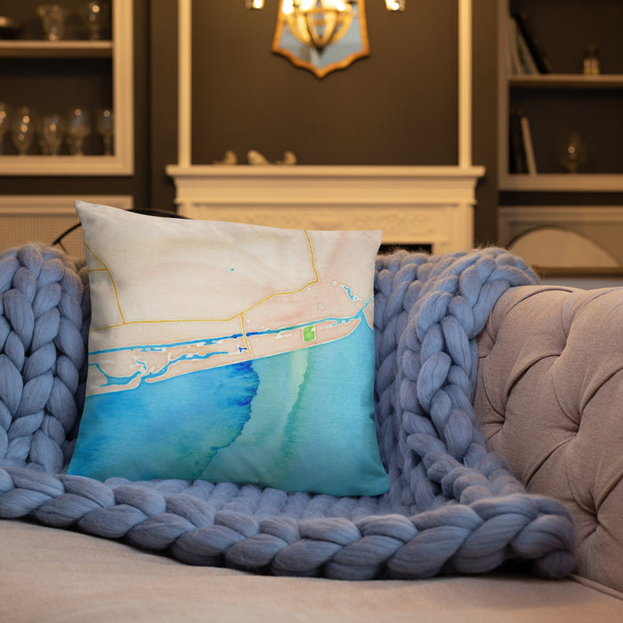 Custom Ocean Isle Beach North Carolina Map Throw Pillow in Watercolor on Cream Colored Couch