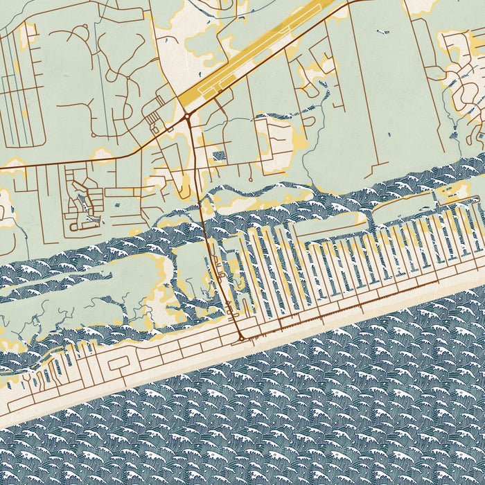 Ocean Isle Beach North Carolina Map Print in Woodblock Style Zoomed In Close Up Showing Details