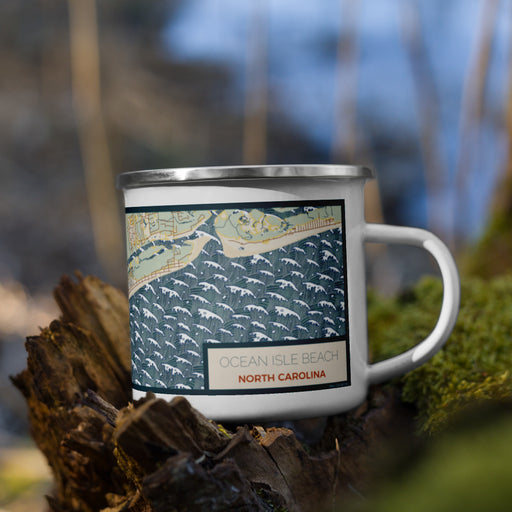 Right View Custom Ocean Isle Beach North Carolina Map Enamel Mug in Woodblock on Grass With Trees in Background