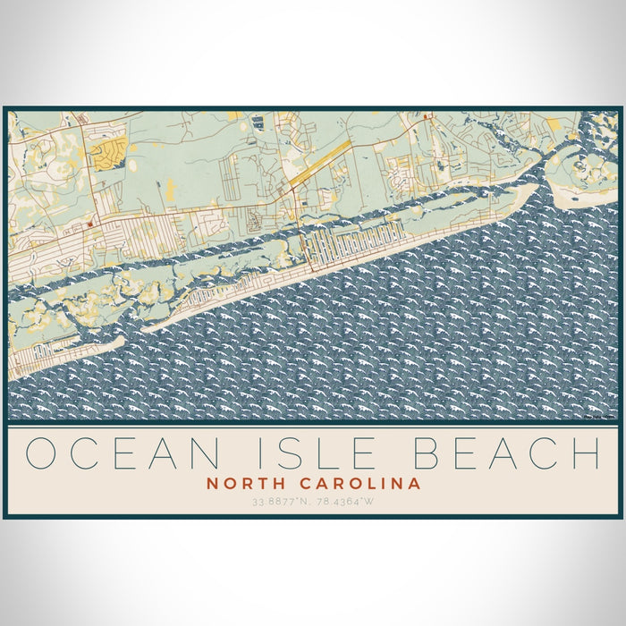 Ocean Isle Beach North Carolina Map Print Landscape Orientation in Woodblock Style With Shaded Background