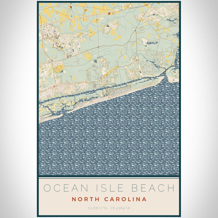 Ocean Isle Beach North Carolina Map Print Portrait Orientation in Woodblock Style With Shaded Background