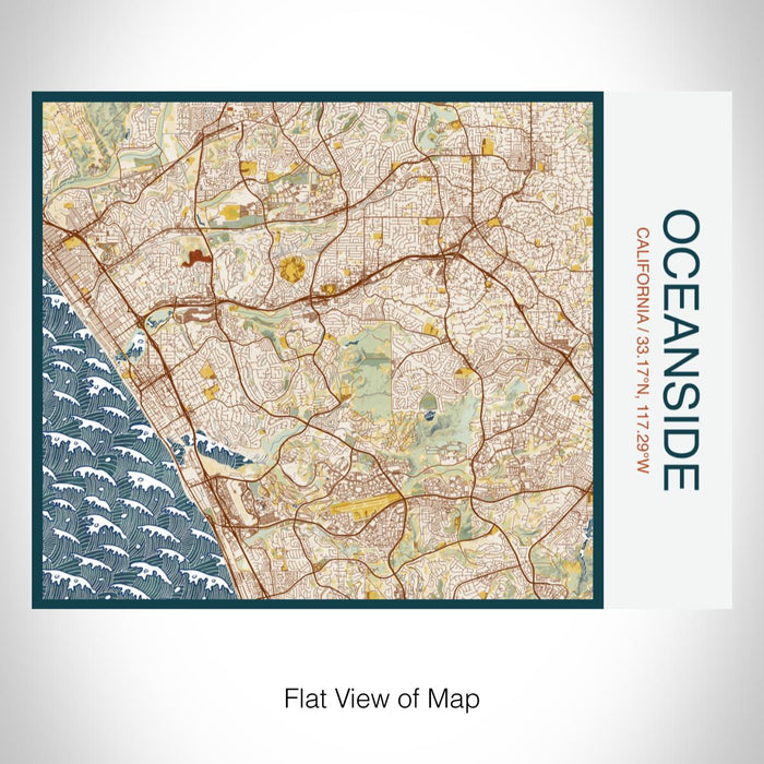 Rendered View of Oceanside California Map on 20oz Stainless Steel Insulated Bottle with Bamboo Top with printed woodblock style map