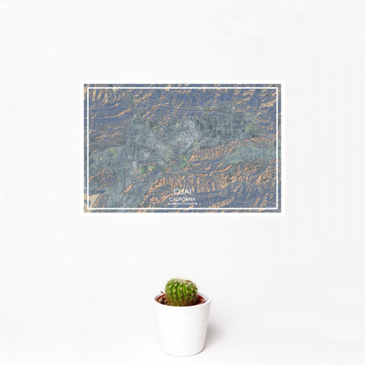 12x18 Ojai California Map Print Landscape Orientation in Afternoon Style With Small Cactus Plant in White Planter