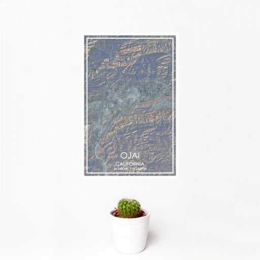 12x18 Ojai California Map Print Portrait Orientation in Afternoon Style With Small Cactus Plant in White Planter