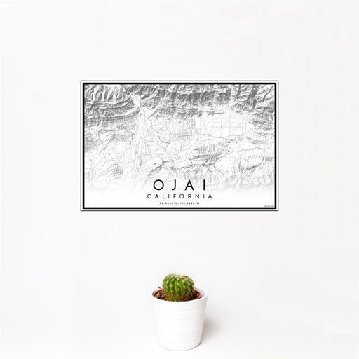 12x18 Ojai California Map Print Landscape Orientation in Classic Style With Small Cactus Plant in White Planter