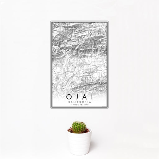 12x18 Ojai California Map Print Portrait Orientation in Classic Style With Small Cactus Plant in White Planter