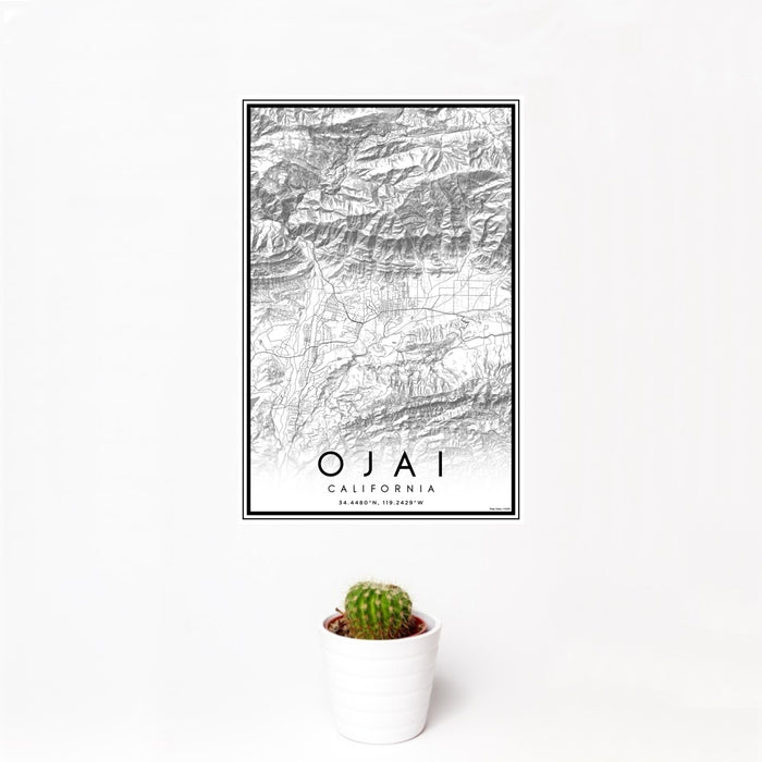 12x18 Ojai California Map Print Portrait Orientation in Classic Style With Small Cactus Plant in White Planter