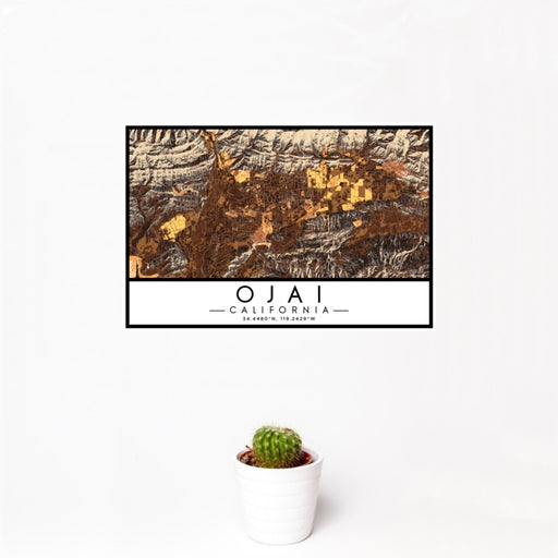 12x18 Ojai California Map Print Landscape Orientation in Ember Style With Small Cactus Plant in White Planter