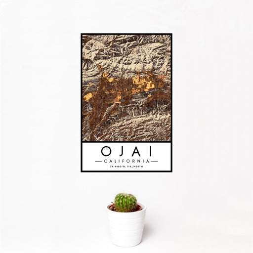 12x18 Ojai California Map Print Portrait Orientation in Ember Style With Small Cactus Plant in White Planter