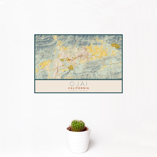 12x18 Ojai California Map Print Landscape Orientation in Woodblock Style With Small Cactus Plant in White Planter