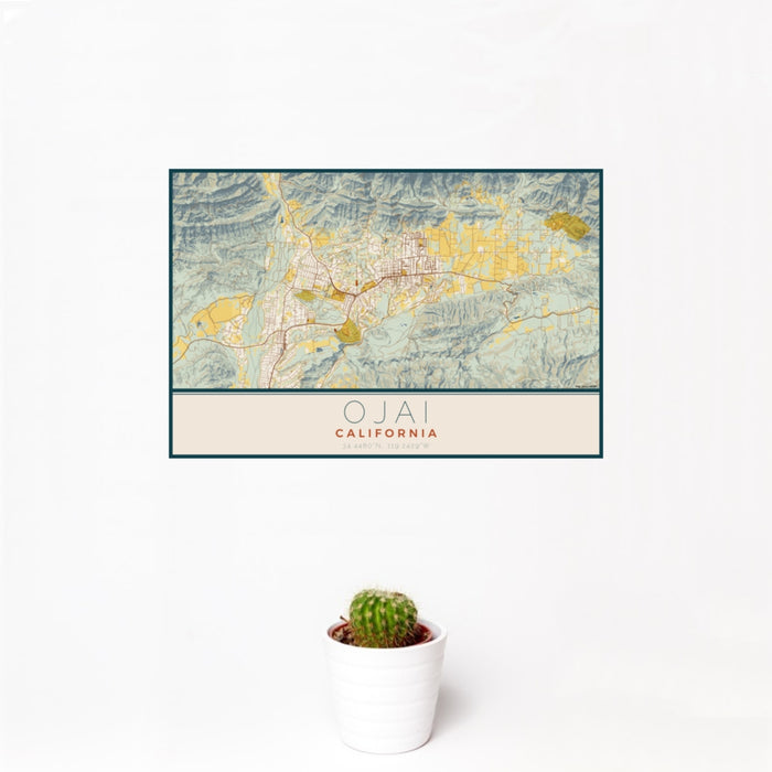 12x18 Ojai California Map Print Landscape Orientation in Woodblock Style With Small Cactus Plant in White Planter