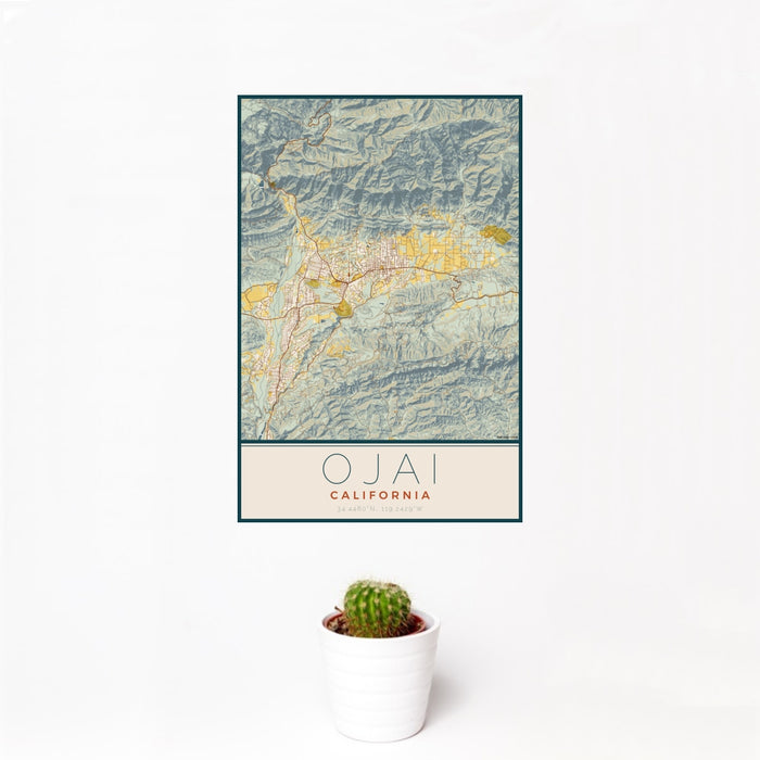 12x18 Ojai California Map Print Portrait Orientation in Woodblock Style With Small Cactus Plant in White Planter