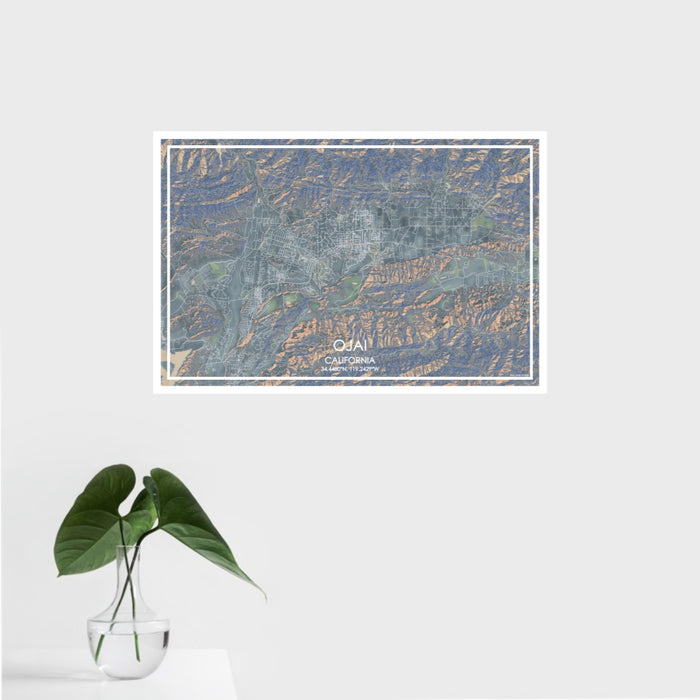 16x24 Ojai California Map Print Landscape Orientation in Afternoon Style With Tropical Plant Leaves in Water