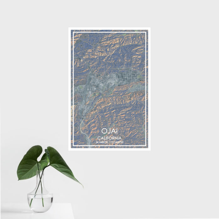 16x24 Ojai California Map Print Portrait Orientation in Afternoon Style With Tropical Plant Leaves in Water