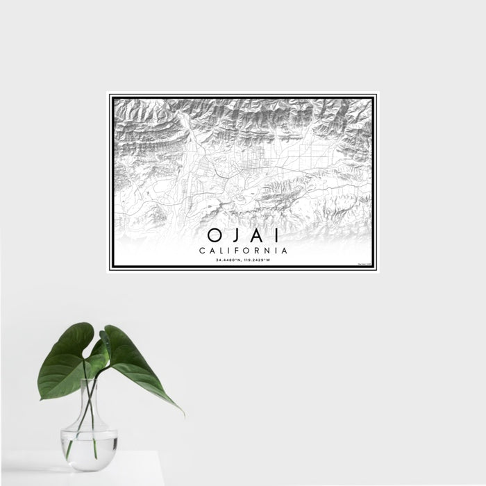 16x24 Ojai California Map Print Landscape Orientation in Classic Style With Tropical Plant Leaves in Water