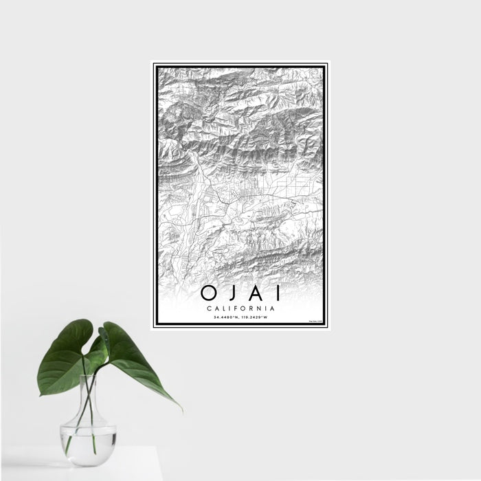 16x24 Ojai California Map Print Portrait Orientation in Classic Style With Tropical Plant Leaves in Water