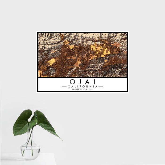 16x24 Ojai California Map Print Landscape Orientation in Ember Style With Tropical Plant Leaves in Water