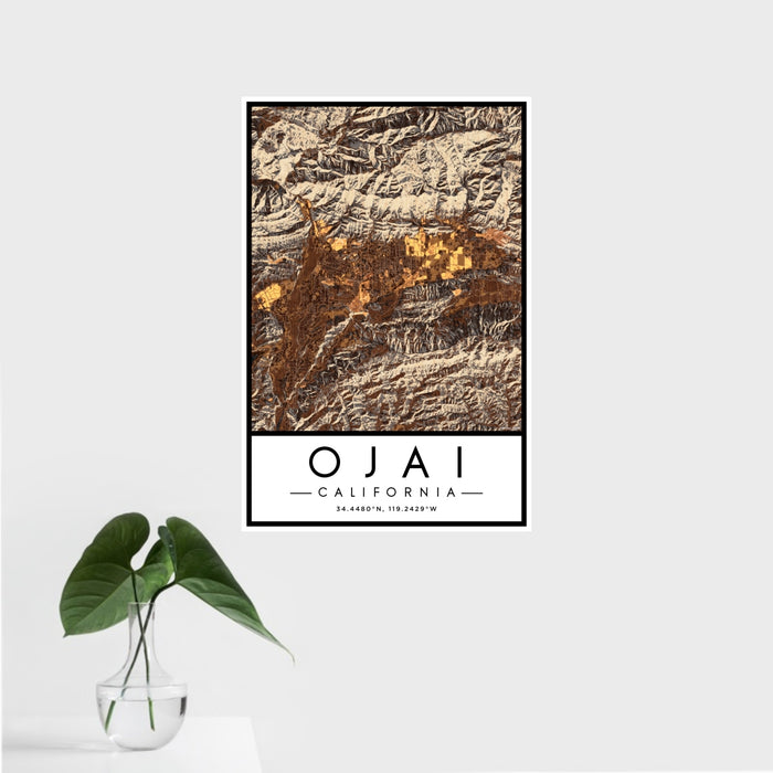 16x24 Ojai California Map Print Portrait Orientation in Ember Style With Tropical Plant Leaves in Water