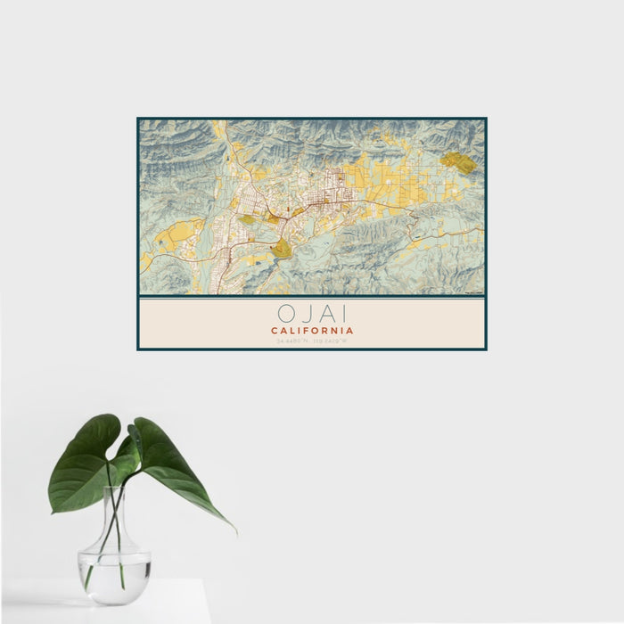16x24 Ojai California Map Print Landscape Orientation in Woodblock Style With Tropical Plant Leaves in Water