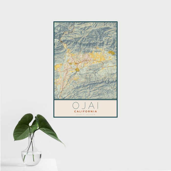16x24 Ojai California Map Print Portrait Orientation in Woodblock Style With Tropical Plant Leaves in Water