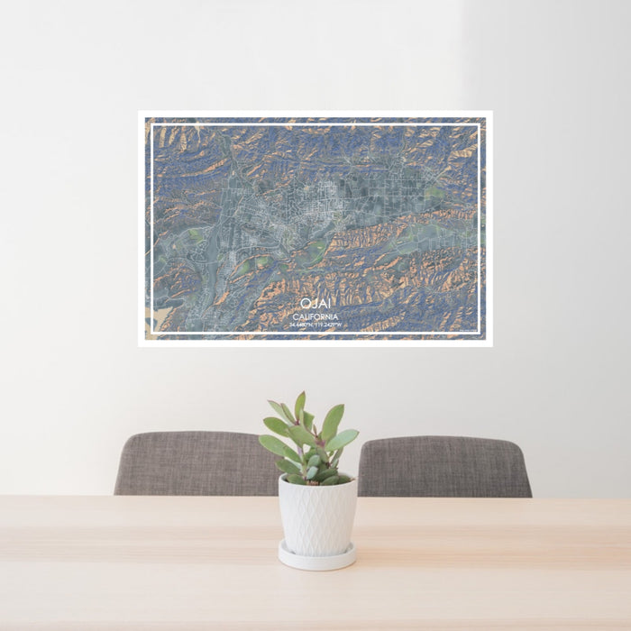 24x36 Ojai California Map Print Lanscape Orientation in Afternoon Style Behind 2 Chairs Table and Potted Plant