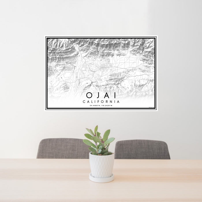 24x36 Ojai California Map Print Lanscape Orientation in Classic Style Behind 2 Chairs Table and Potted Plant