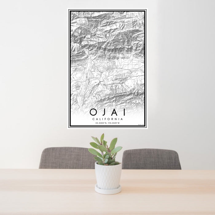 24x36 Ojai California Map Print Portrait Orientation in Classic Style Behind 2 Chairs Table and Potted Plant