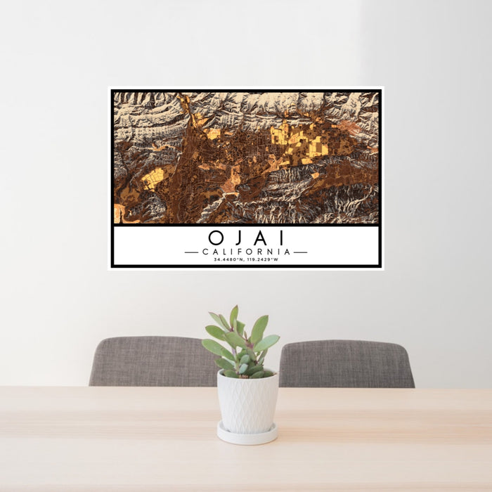 24x36 Ojai California Map Print Lanscape Orientation in Ember Style Behind 2 Chairs Table and Potted Plant