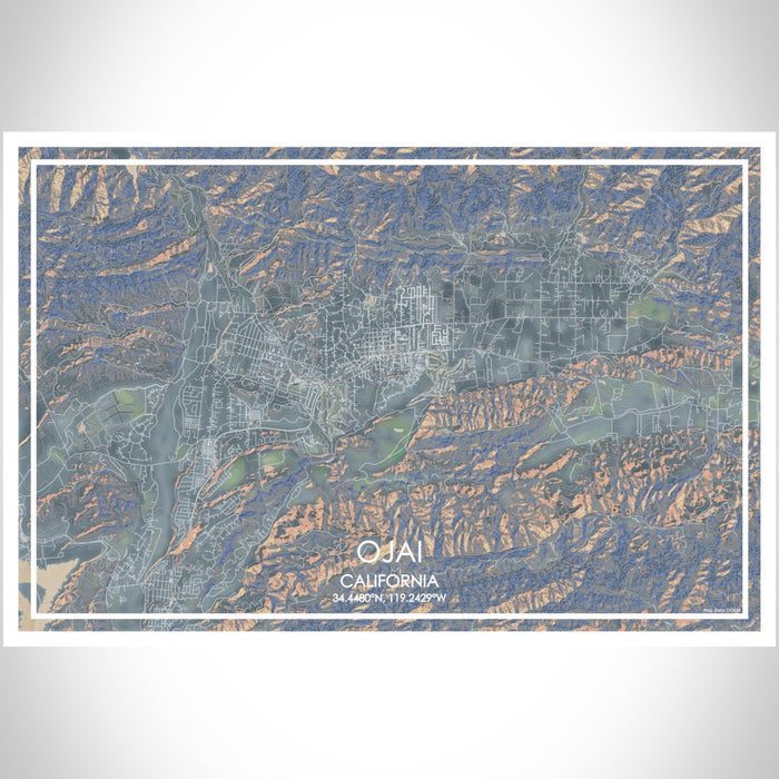 Ojai California Map Print Landscape Orientation in Afternoon Style With Shaded Background
