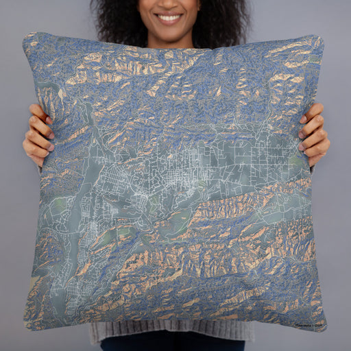Person holding 22x22 Custom Ojai California Map Throw Pillow in Afternoon