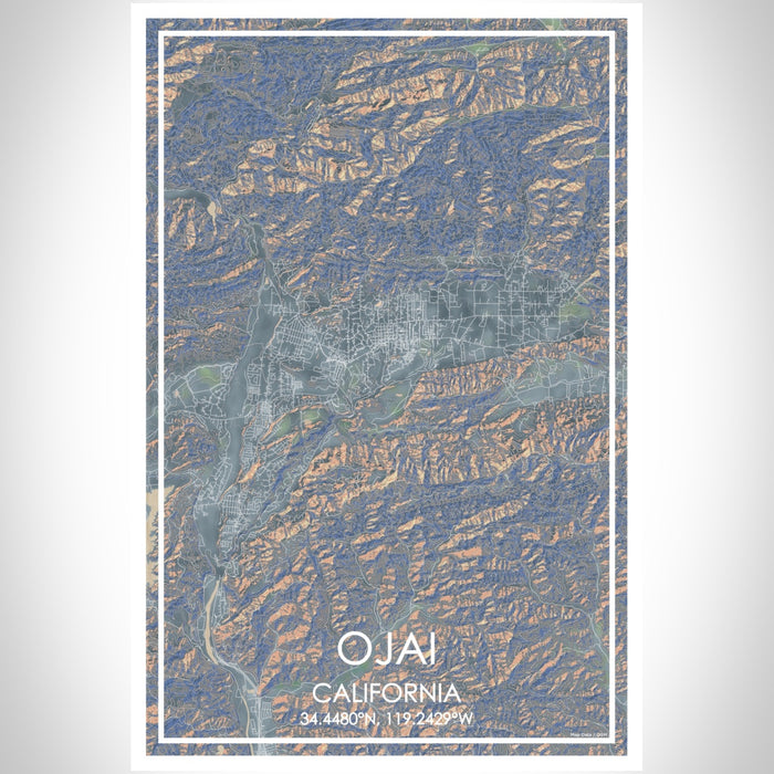 Ojai California Map Print Portrait Orientation in Afternoon Style With Shaded Background