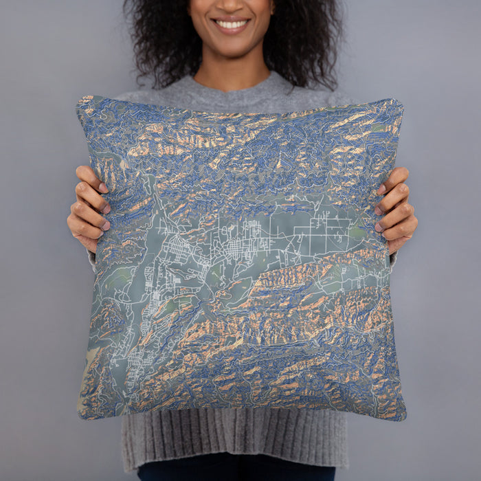Person holding 18x18 Custom Ojai California Map Throw Pillow in Afternoon