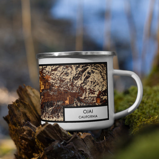 Right View Custom Ojai California Map Enamel Mug in Ember on Grass With Trees in Background