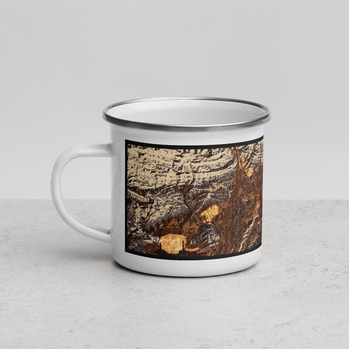 Left View Custom Ojai California Map Enamel Mug in Ember