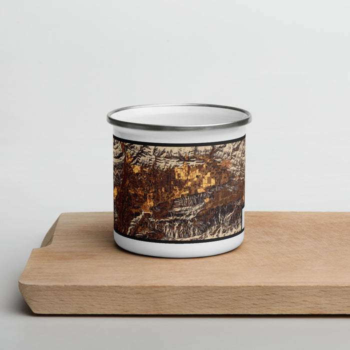 Front View Custom Ojai California Map Enamel Mug in Ember on Cutting Board