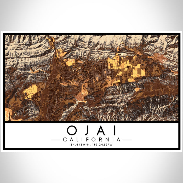 Ojai California Map Print Landscape Orientation in Ember Style With Shaded Background
