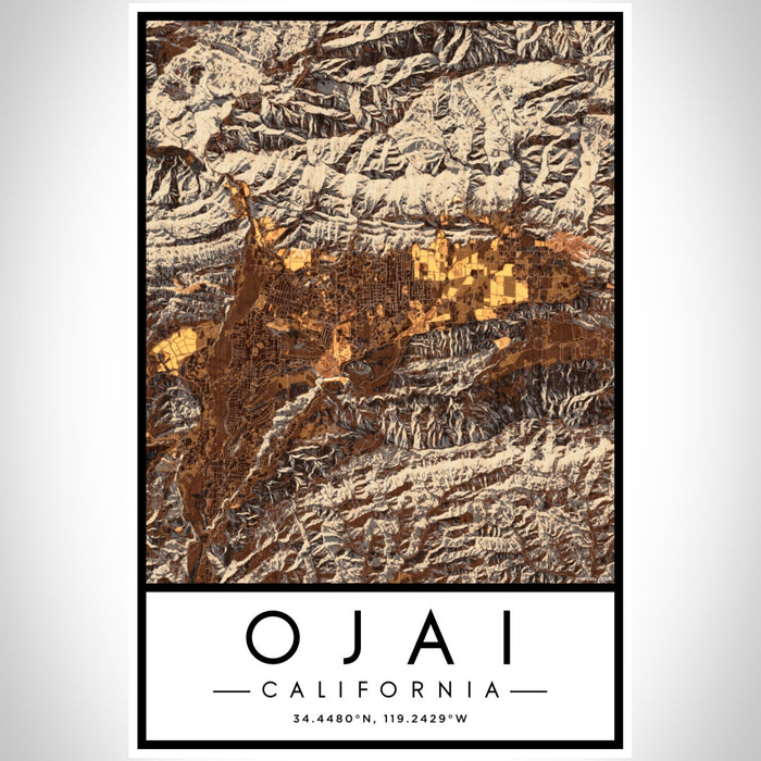 Ojai California Map Print Portrait Orientation in Ember Style With Shaded Background
