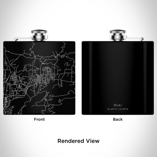 Rendered View of Ojai California Map Engraving on 6oz Stainless Steel Flask in Black
